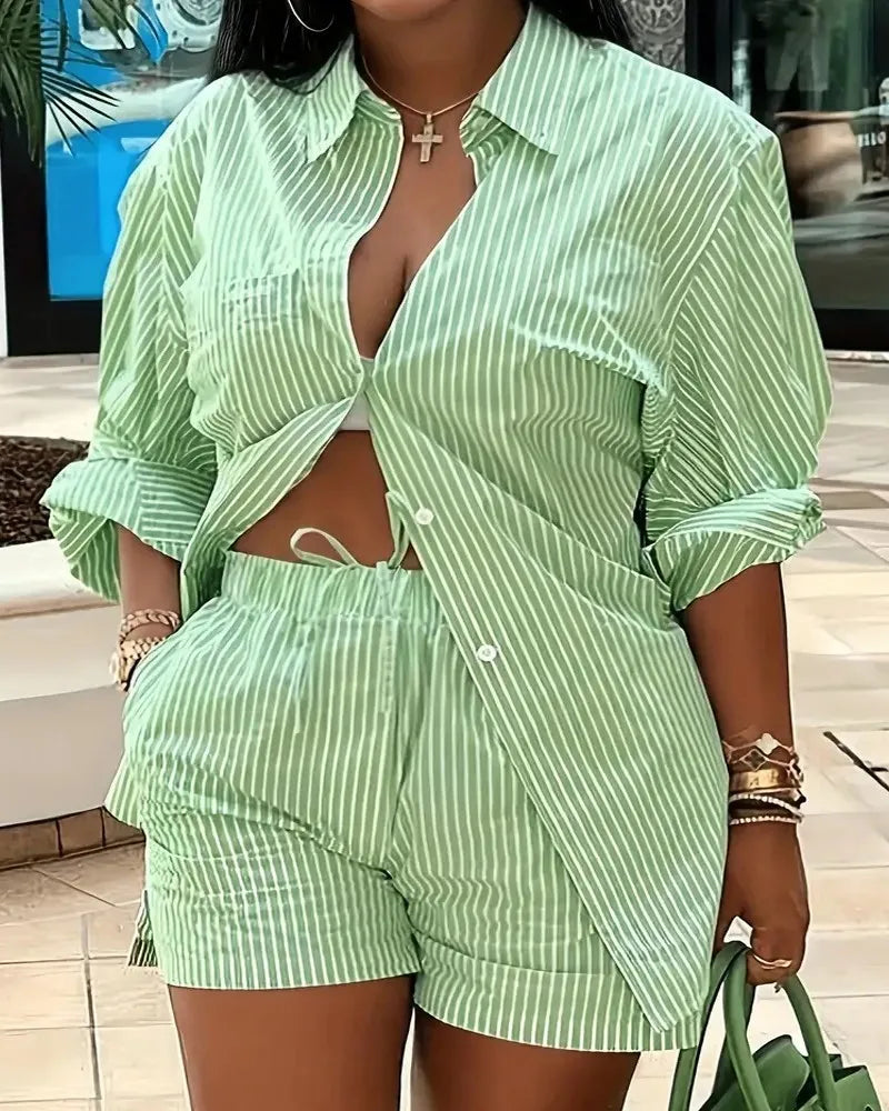Casual Geometric Print Shirt Shorts Two Piece Set for Women