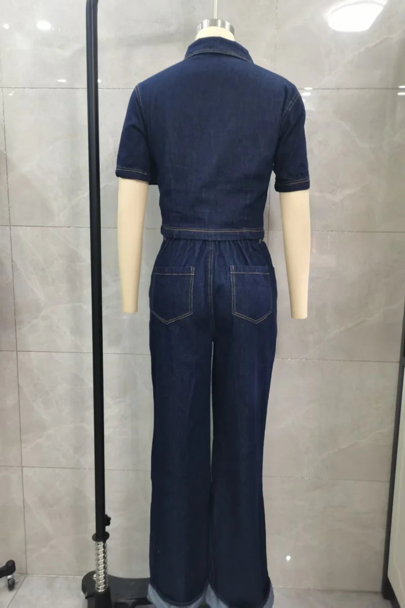 Short Sleeve Denim Two Piece Set With Straight Leg Jeans for Women