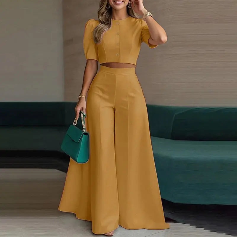 Elegant Two Piece Crop Top And Wide Leg Pants Set for Women