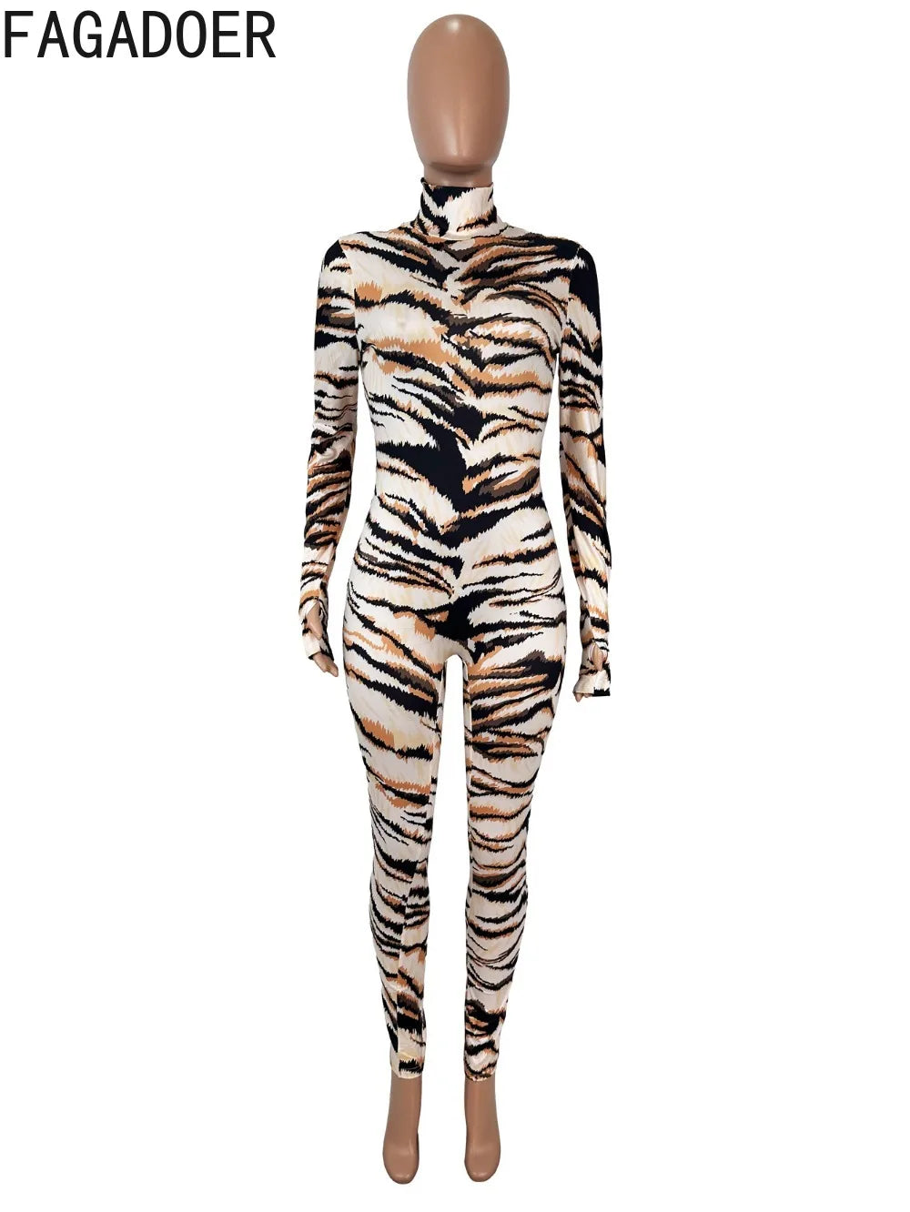 Tiger Print Patchwork Long Sleeve Bodycon Jumpsuit for Women