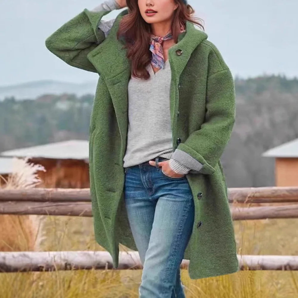 Oversized Hooded Casual Solid Color Wool Blend Coat for Women