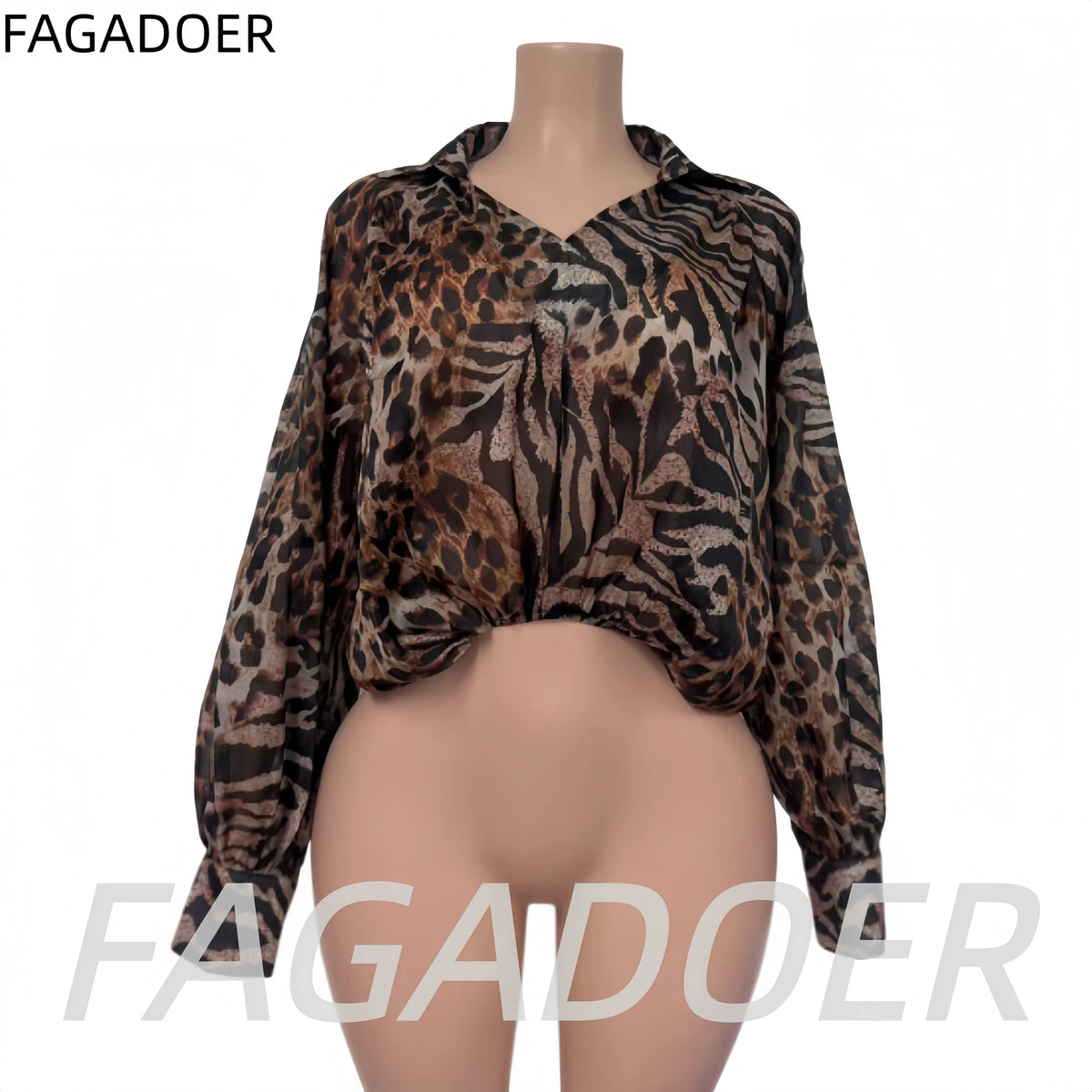 Leopard Print V Neck Batwing Sleeve Blouse for Women
