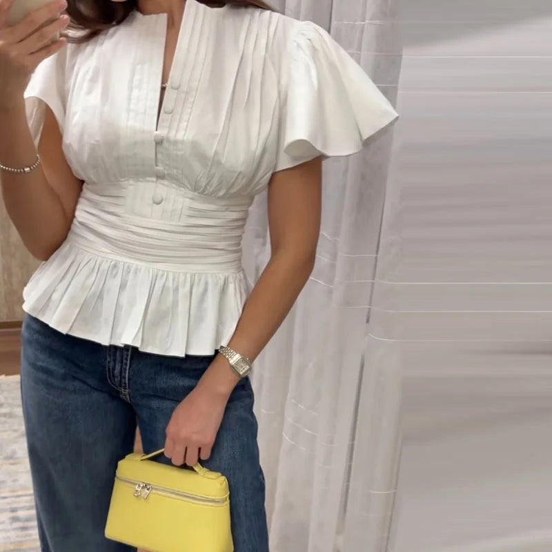Elegant Puff Sleeve Cinched Waist Solid Color Blouse for Women