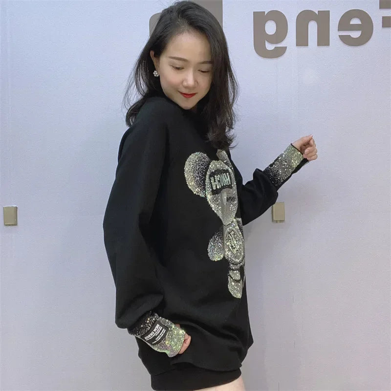 Loose Inner Wear Black T-shirt Women Spring Autumn Rhinestone Long-Sleeved Shirt Thickened Brushed Cotton Bottoming Top Female