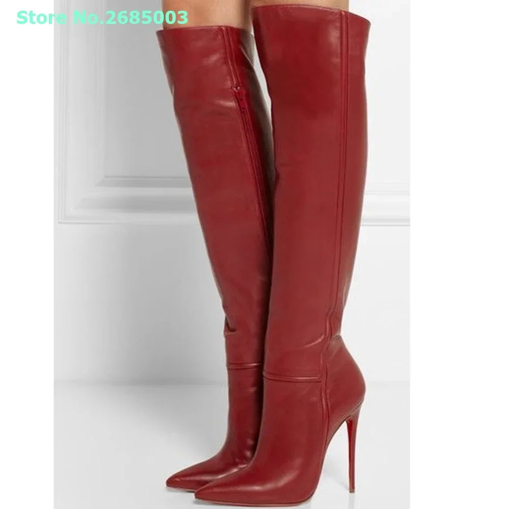 Pointed Toe Stiletto Knee High Side Zipper Boots For Women