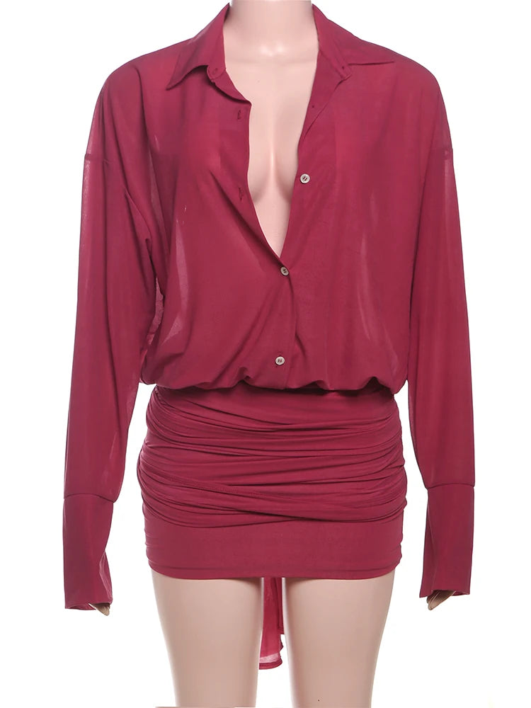 Cutenew Solid Classic Women Blouse Dress Sexy Thin See Through Full Sleeve Lapel Single Breasted Pleated Mini Vestido Streetwear