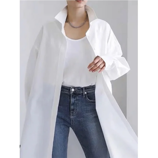 Women's Shirts Dress 2024 New Spring Summer Fashion Long Sleeve Loose Buttoned Solid Color Split-Side Lapel Casual Blouse