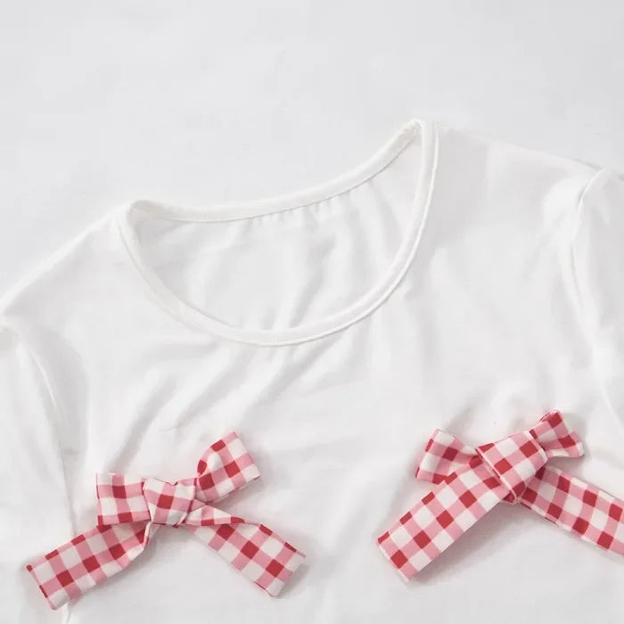 2 Piece Skirt Set for Women Bow Decoration Long Sleeves Top and Versatile Plaid Dresses Y2k Suit Spring and Summer 2025 New