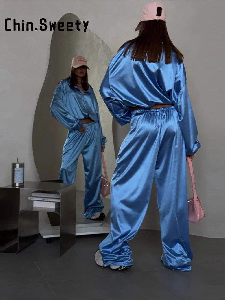 Loose Solid Satin Two Piece Pants Set With Zipper Jacket For Women