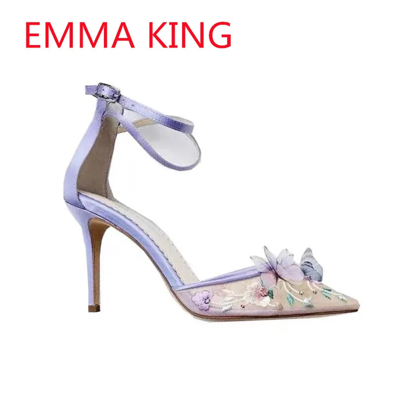Pointed Toe Purple Silk Embroidered Pumps with Ankle Strap for Women
