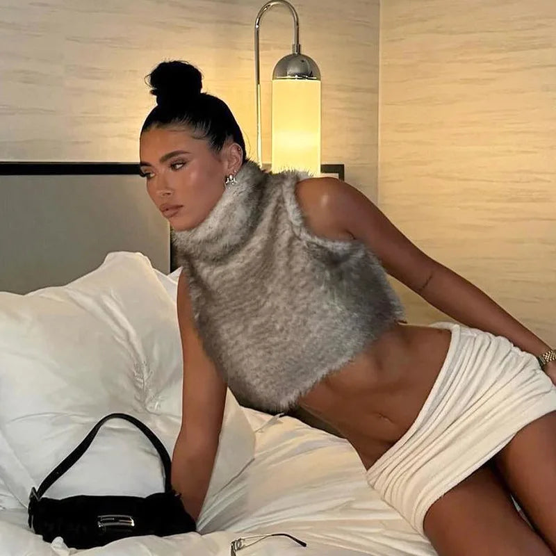 Autumn Fur Patchwork Backless Zipper Crop Top for Women