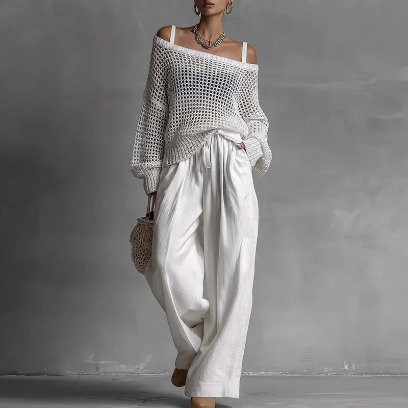 Summer Off Shoulder Crochet Knit Two Piece Set for Women