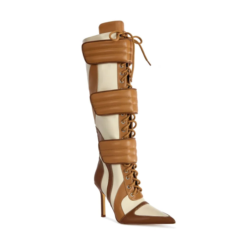 Tan Leather Point Toe Stiletto Knee High Boots For Women
