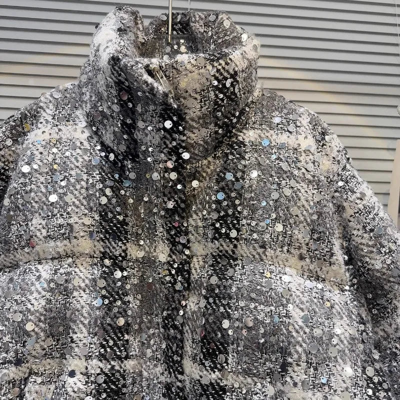 Autumn Winter New Unique Design Parkas Top Sequined Tweed Heavy Industry Soft Girls Warm Bread Jacket Down Coat Women's Clothing