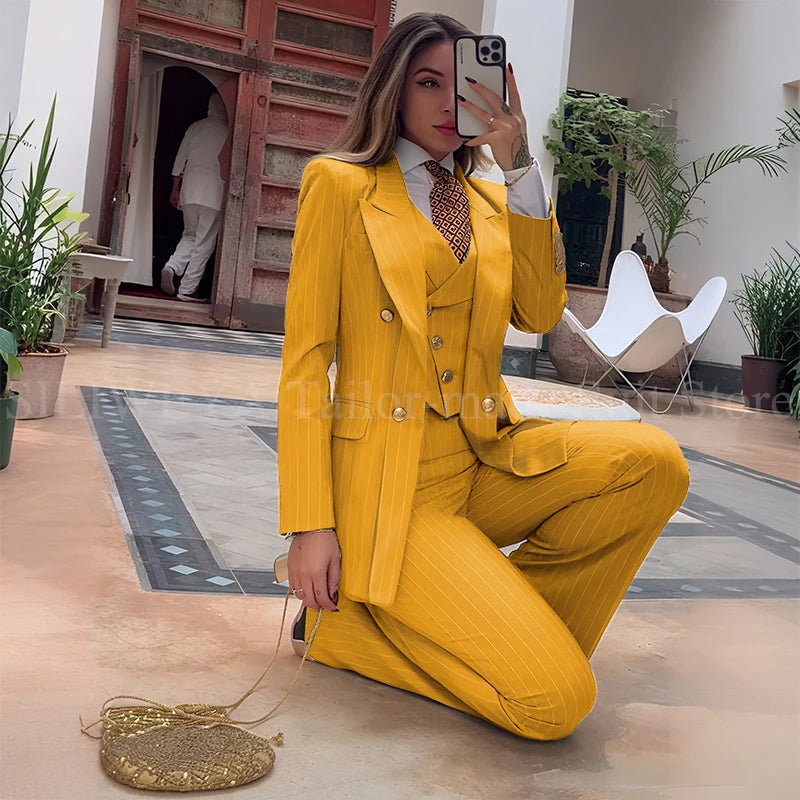 Slim Fit Double Breasted Green Striped Suit Set For Women