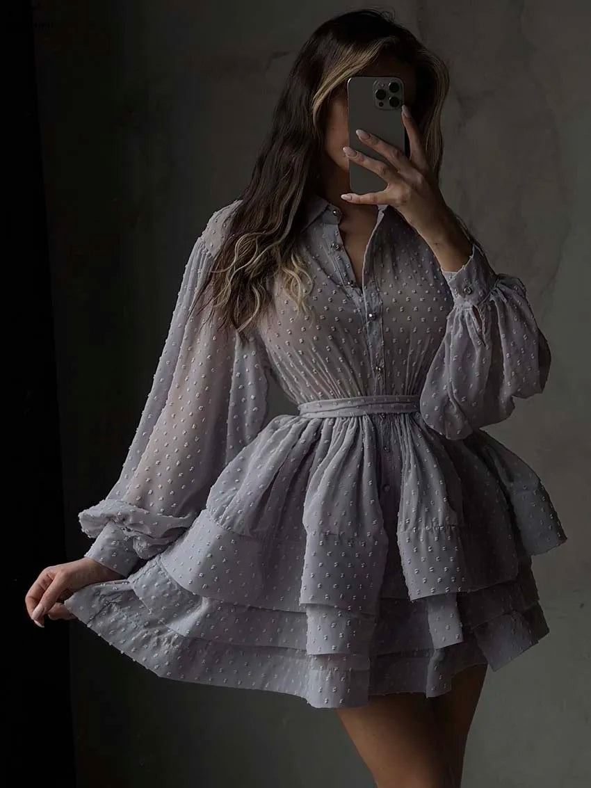 Oymimi Elegant Red Lapel Dresses 2025 Woman Casual Long Sleeve Single Breasted Dresses Fashion High Waisted Ruffled Mini Dress