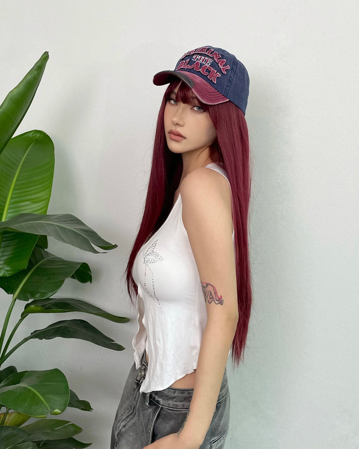 Long Straight Dark Red Cosplay Wig With Bangs for Women