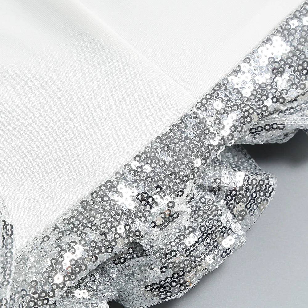 Glamorous Women's Silver Sequin Spaghetti Slip Mini Dress with Ruffled Hem Shiny Flower Party Night Club and Special Occasion