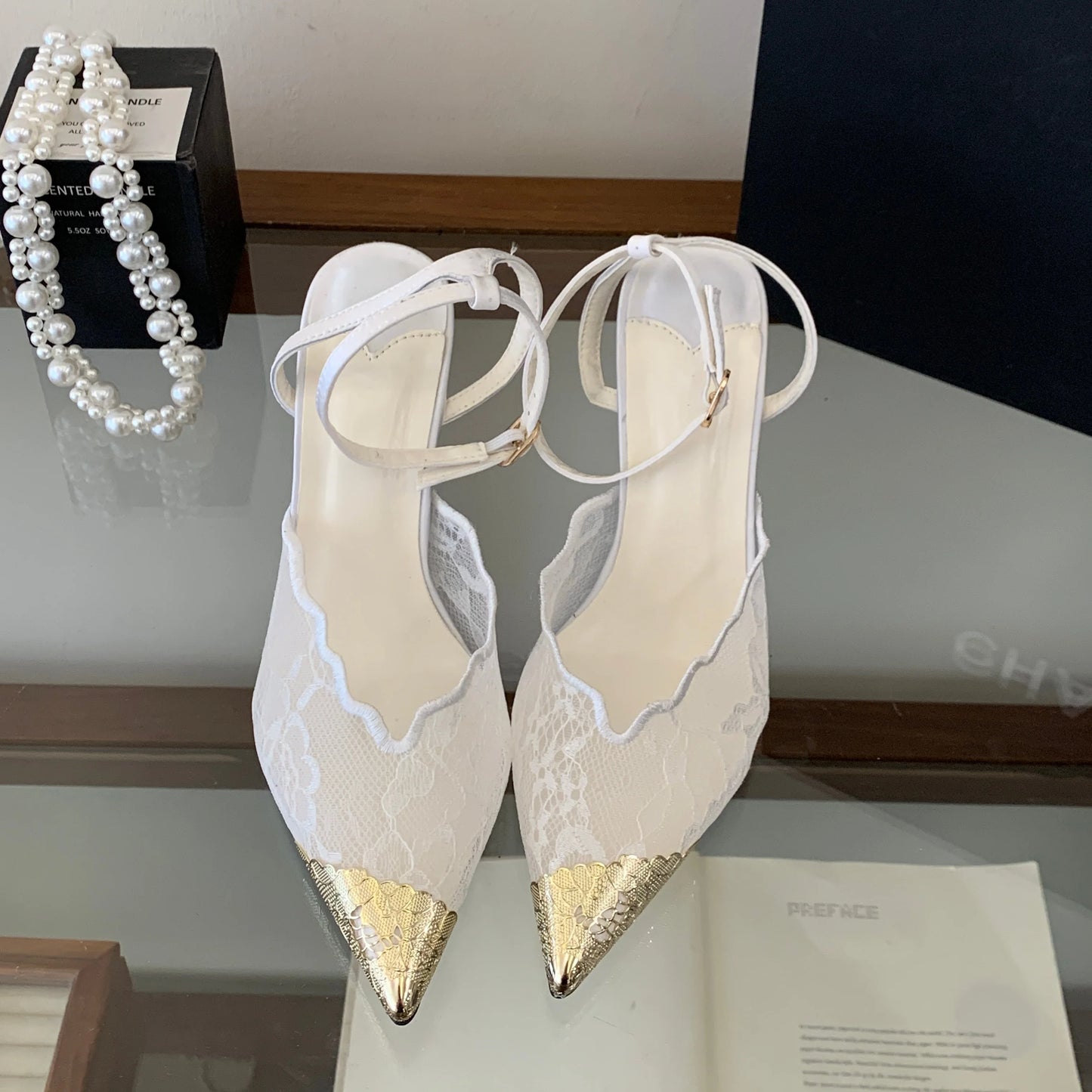 Elegant White Lace Slingback Stiletto Heels for Women