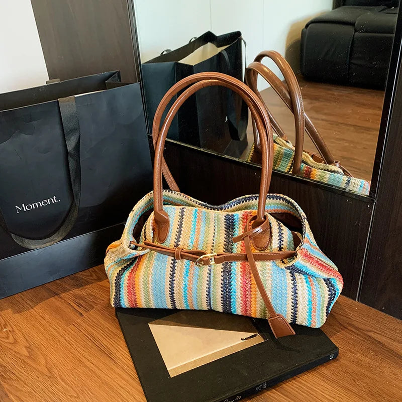 Large capacity rainbow woven tote bag, women's new versatile commuting beach bag, shoulder bag