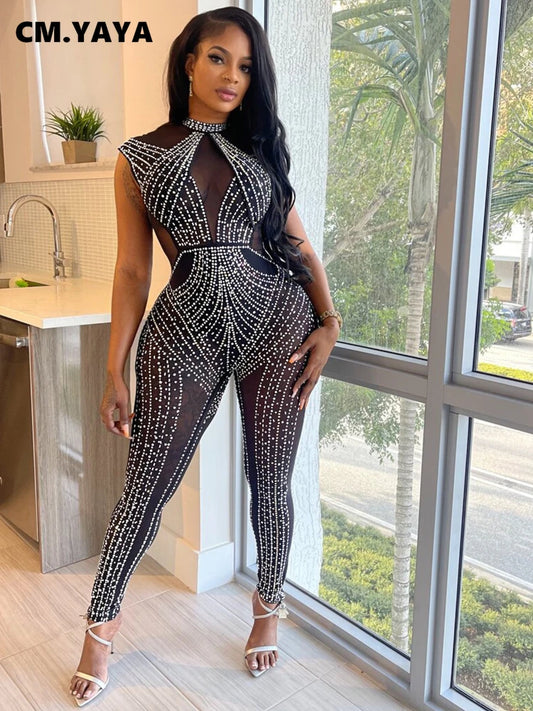 CM.YAYA 2024 Spring/Summer Women Fashion Rhinestone Mesh See Through Sleeveless Jumpsuits Sexy Party Club One Piece Suit Outfits