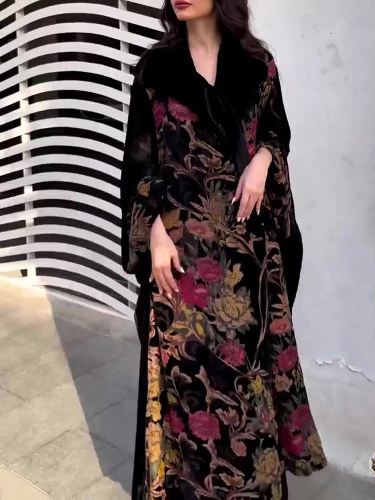 Elegant V-neck Splicing Robe Windbreaker Women's Casual Long Sleeve Draped Loose Jacket Fashion Flower Print Color Blocked Coats