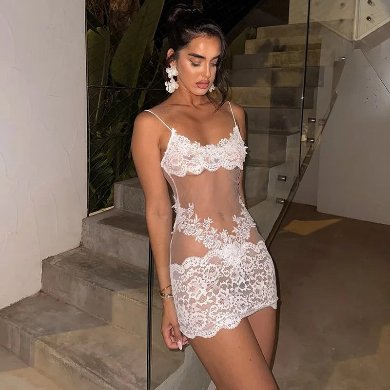 Sexy Sheer High Waist Lace Patchwork Dress for Women