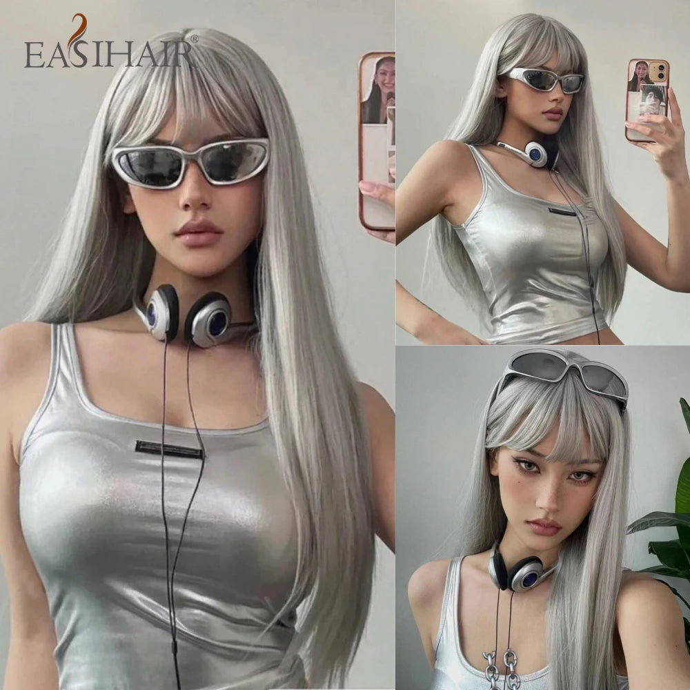 Long Straight Black Synthetic Wig With Bangs for Women