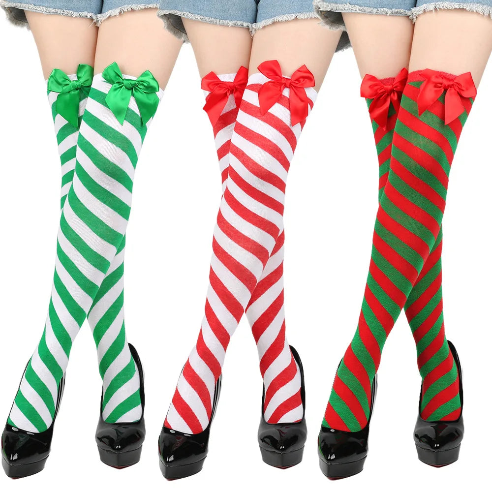 Red And Green Striped Christmas Stockings With Bows for Women