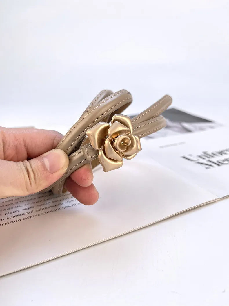 Double Sided Metal Flower Buckle Thin Belt for Women