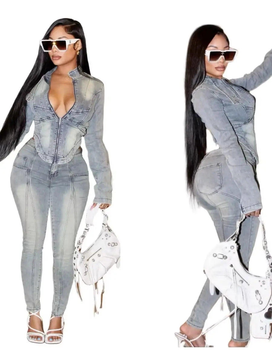 Classic Blue Denim Two Piece Matching Outfit Set for Women