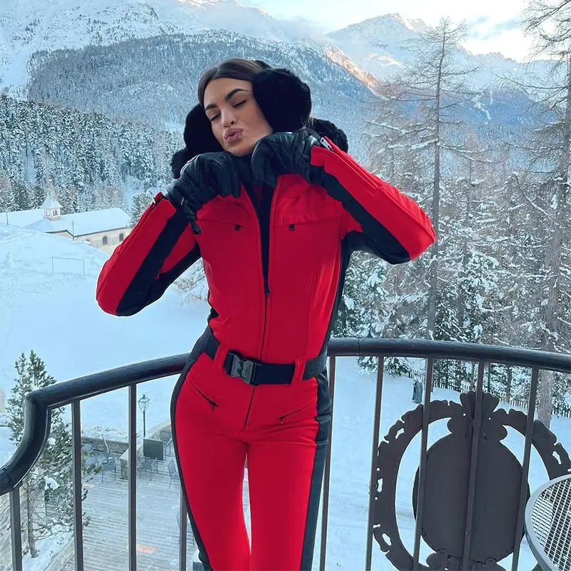 High Waist Full Zip Hooded Windproof Ski Jumpsuit For Women
