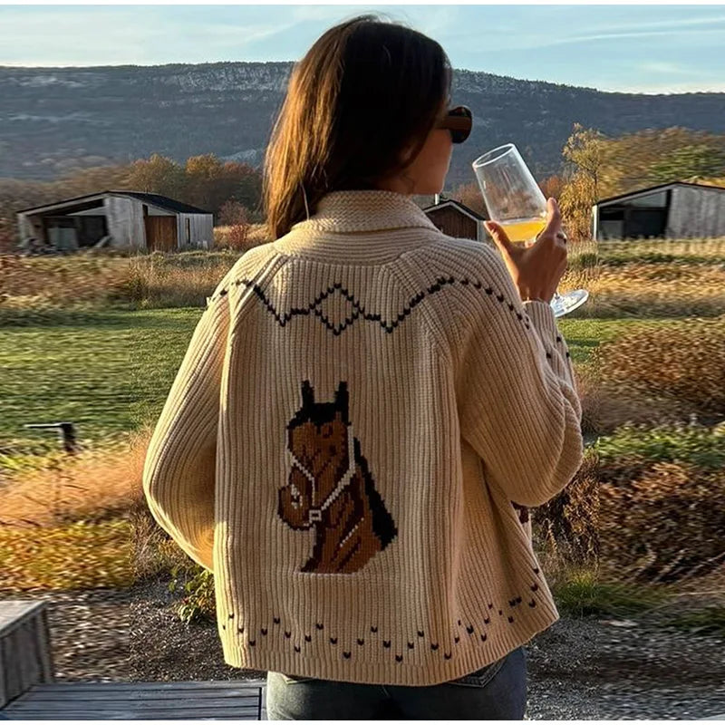 Cozy Jacquard Knit Turn-Down Collar Cardigan for Women