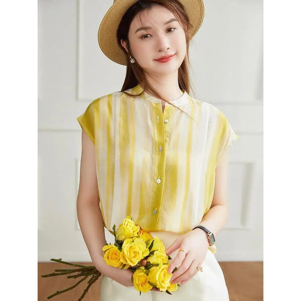 Women's Shirt and Blouse Chiffon Yellow Sleeveless Striped Female Tops Loose Summer Button Up Y2k Fashion Sale of Pretty Xl M