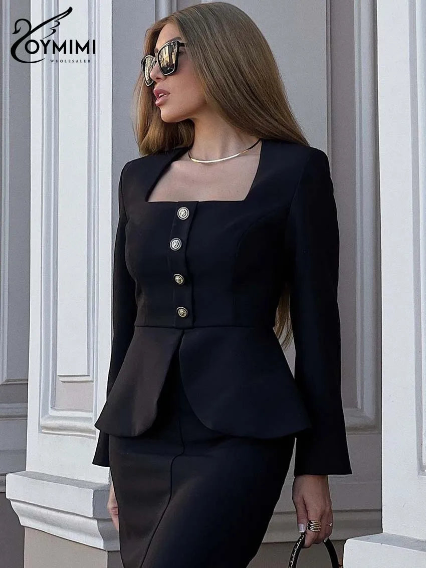Oymimi Elegant Black Woman 2 Piece Set Outfit Fashion Square Neck Long Sleeve Button Shirts And Straight Ankle-Length Skirts Set