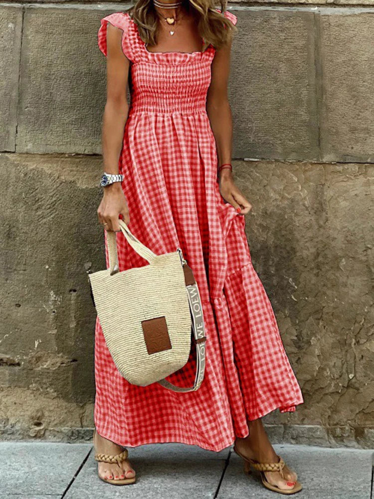 Flowy Plaid Backless Maxi Dress with Elastic Waist for Women