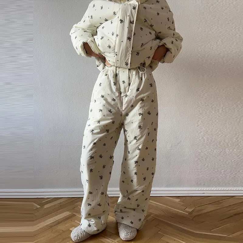 Striped Hooded Puffer Jacket and Wide Leg Pants Set for Women