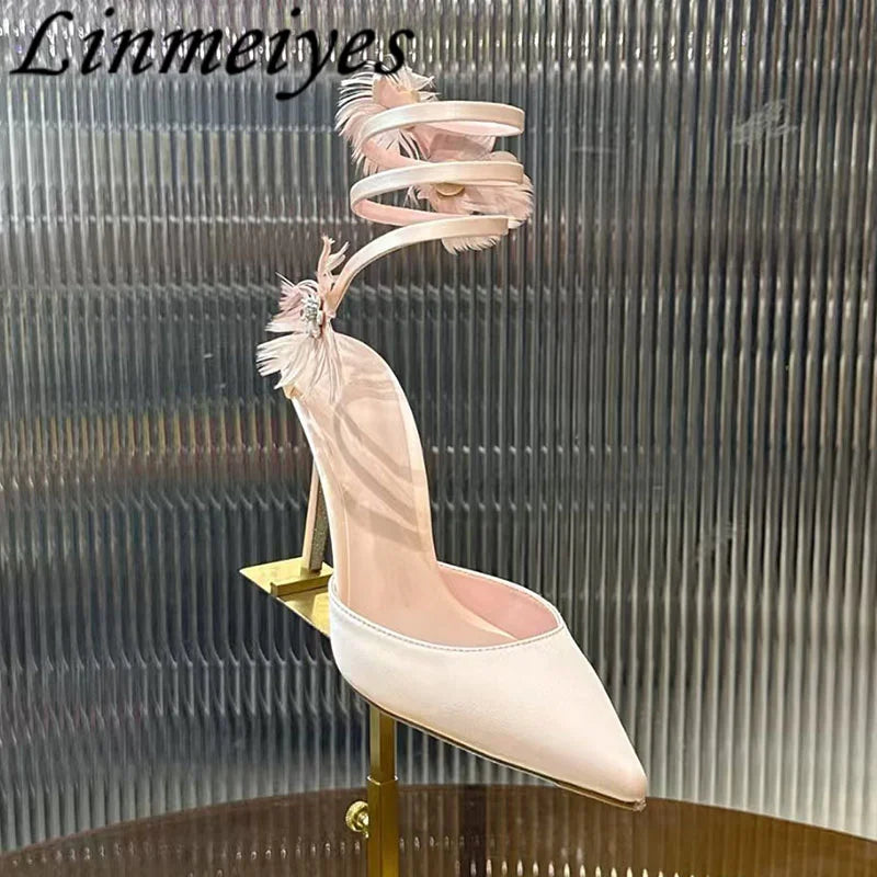 Rhinestone Feather Flower Embellished Ankle Strap High Heel Sandals for Women