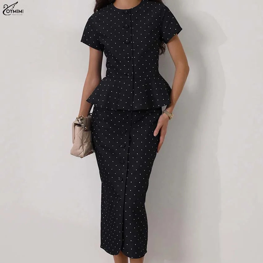 Oymimi Fashion Black Print Two Piece Outfits Woman Elegant Short Sleeve Button Blouses And High Waisted Slim Mid-Calf Skirt Sets