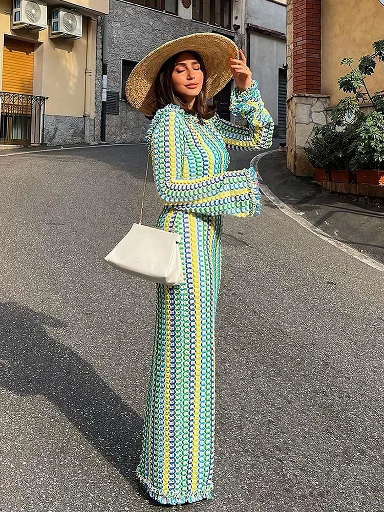 Sexy Backless Flare Sleeve Lace Knit Cut Out Party Beach Maxi Dress 2025 Summer Women Vacation Beachwear Swimsuit Cover Up A2815