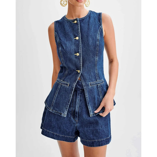 Sleeveless Buttoned Back Slit Top and Denim Shorts Set Two Pieces Summer Slim Fit Outfits