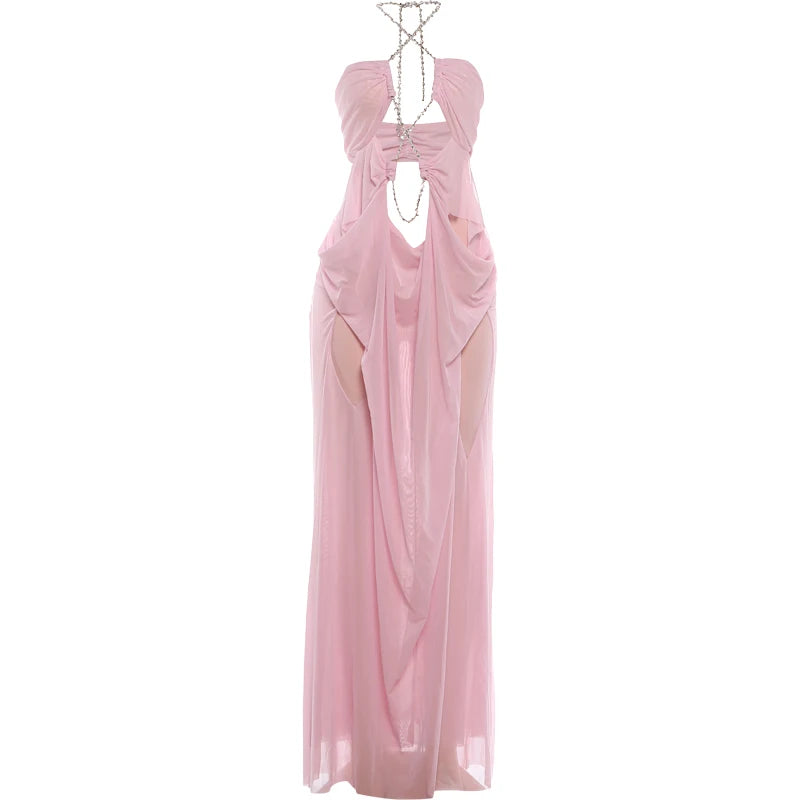 See Through Halter Backless Ruched Patchwork Dress for Women
