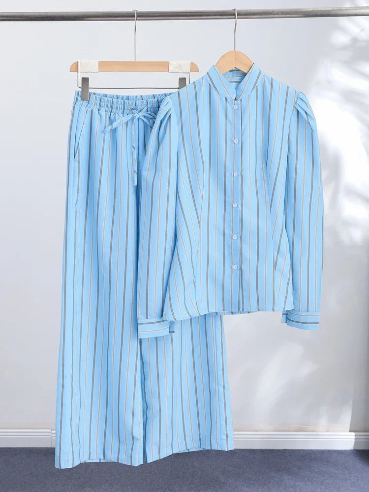 Blue Striped Puff Shoulder Shirt And Pants Set For Women