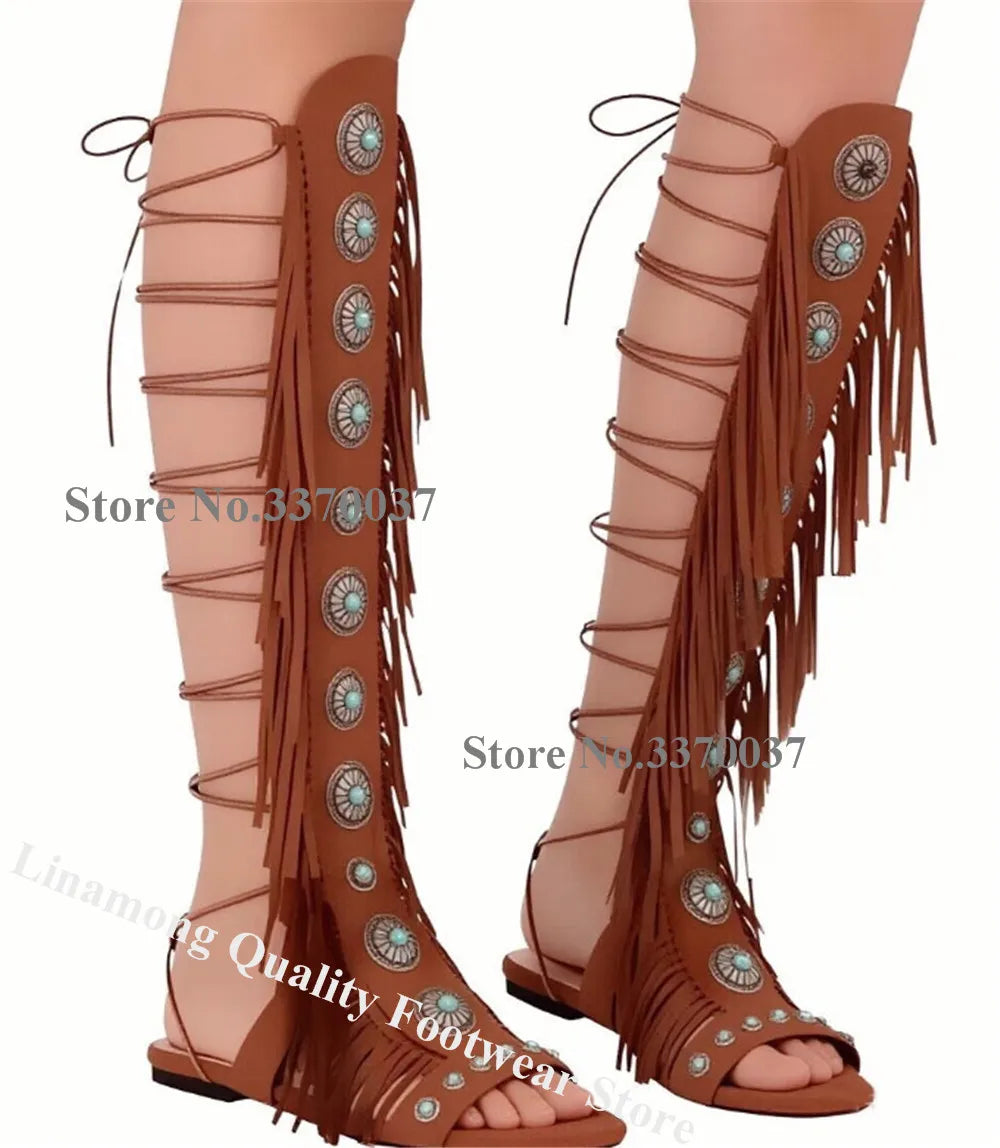 Open Toe Rhinestone Suede Fringe Gladiator Boots for Women