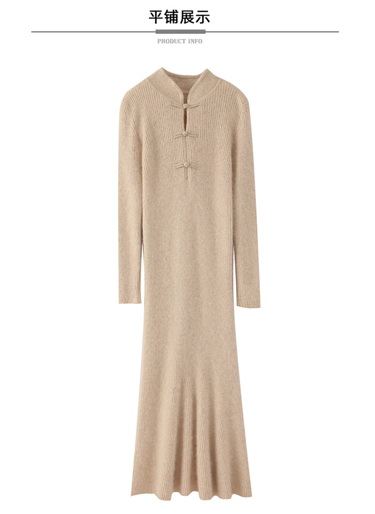 Stand Collar Ankle Length Fishtail Knit Dress for Women