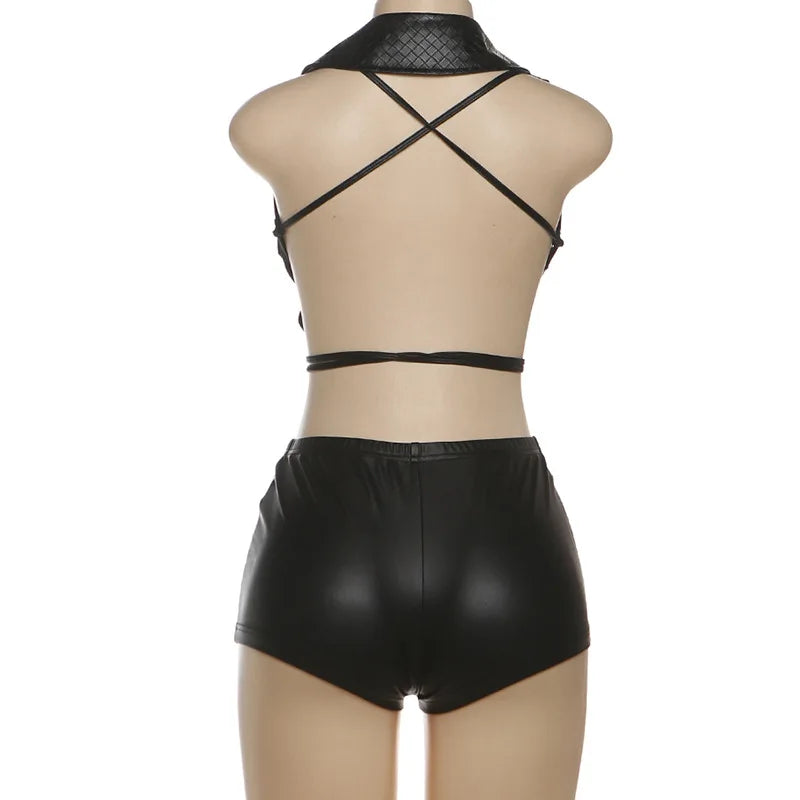 Sleek Black Leather Sleeveless Backless Two Piece Set for Women