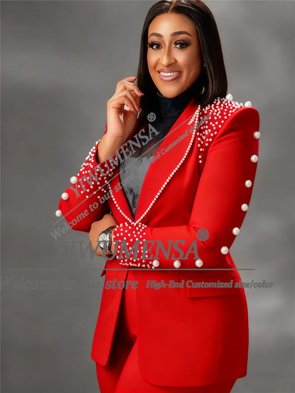 Pearl-Embellished Blazer Two-Piece Suit
