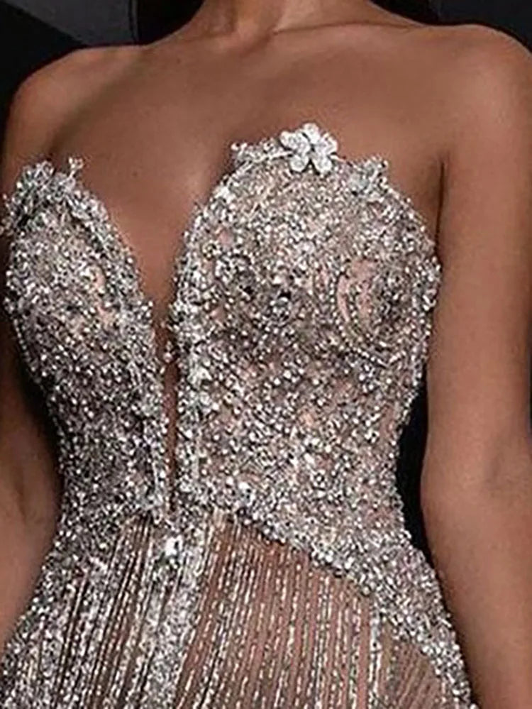 Strapless Sequin Tassel Maxi Party Dress for Women
