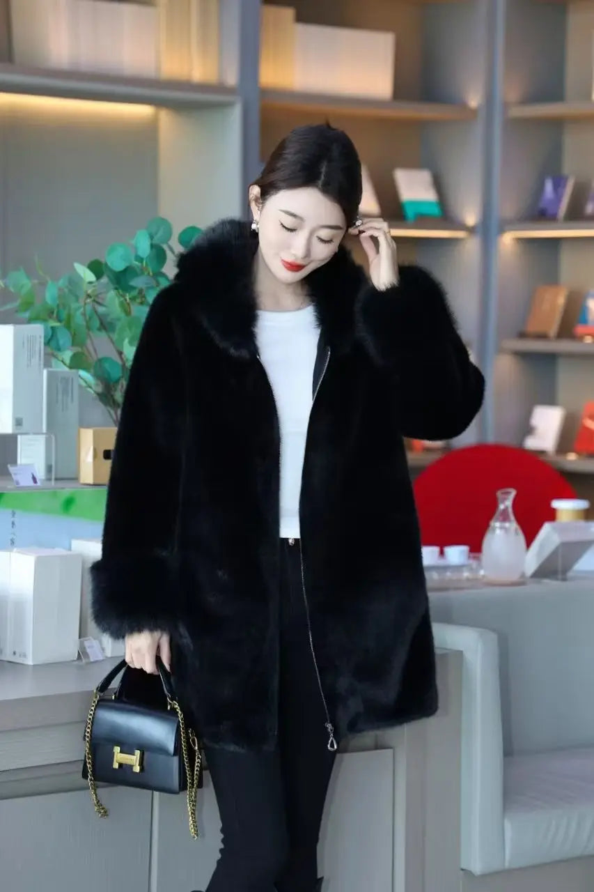 Faux Mink Fur Coat for Women,Zippers Jacket,Female Clothes,Fur Collar,Thick Warm,Autumn and Winter,2025