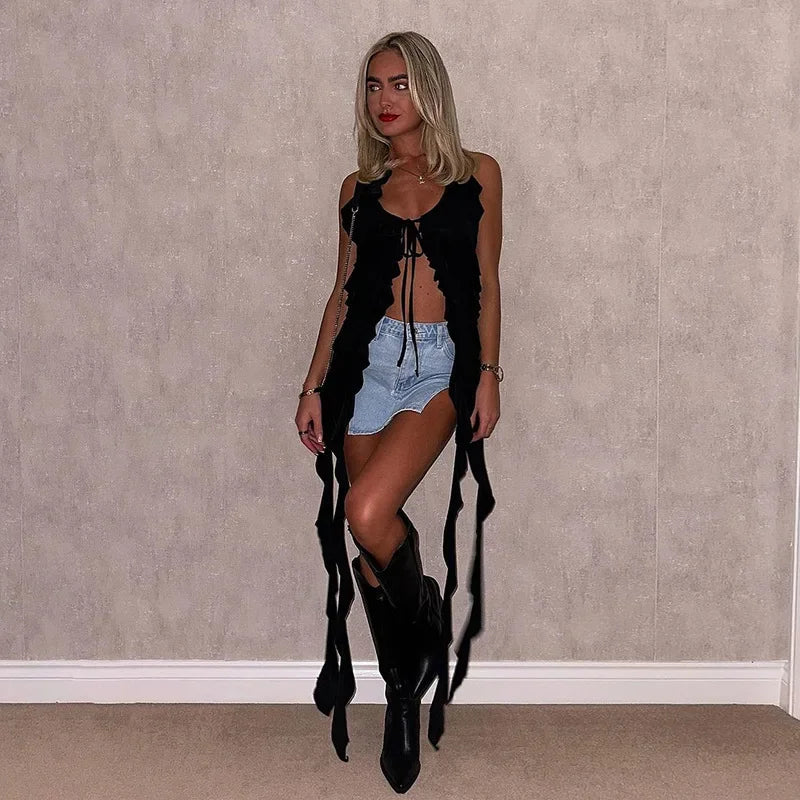 Y2K Sheer Mesh Spaghetti Strap Camisole Top White Ruffle Fringe Halter Tops Coquette Fairy Core Clothes 2024 Fashion